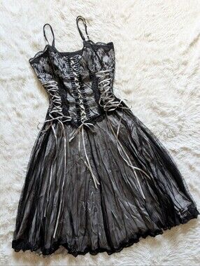 90s Morbid Threads Vintage Lace Up Corset Gothic Kawaii Tulle Dress Large